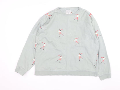 Fat Face Womens Green Ice Skater Print Sweatshirt Size 16 UK Cotton Crew Neck