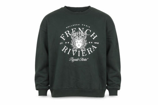 Front view of Stradivarius unisex dark green french riviera graphic sweatshirt, size S
