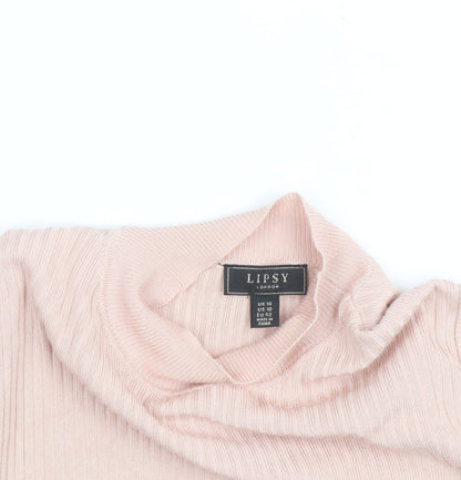 Lipsy Women Pink Ribbed Mock Neck Long Sleeve Pullover Jumper Size 10