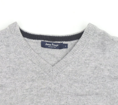 James Pringle Men's Grey Wool V-Neck Jumper Size L Classic Knit