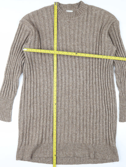 H&M Women Beige Knit Jumper Dress Size 12 Long Sleeve Crew Neck
