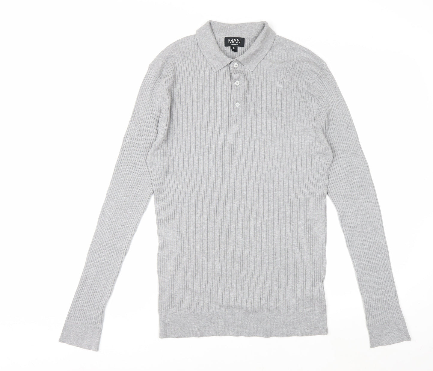 boohooMAN Men's Grey Long Sleeve Knitted Polo Size L Classic Fit