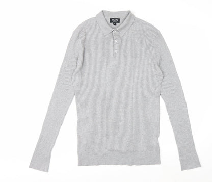 boohooMAN Men's Grey Long Sleeve Knitted Polo Size L Classic Fit