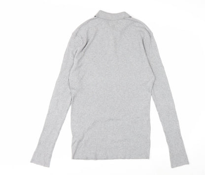 boohooMAN Men's Grey Long Sleeve Knitted Polo Size L Classic Fit