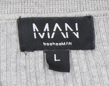 boohooMAN Men's Grey Long Sleeve Knitted Polo Size L Classic Fit