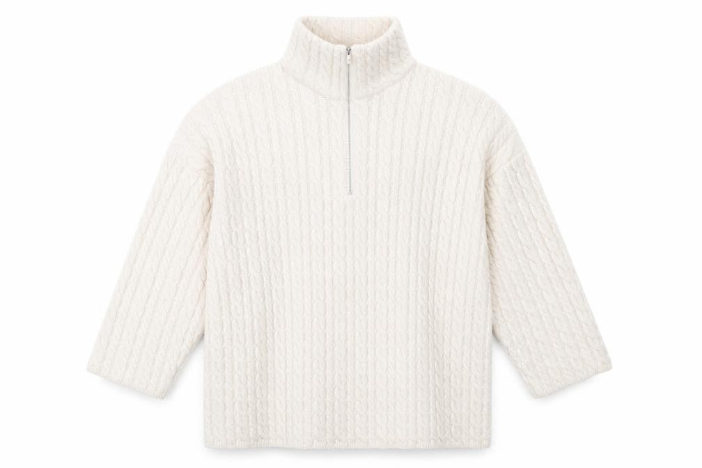 H&M Mens Ivory Wool Blend Cable Knit Half Zip Jumper M
