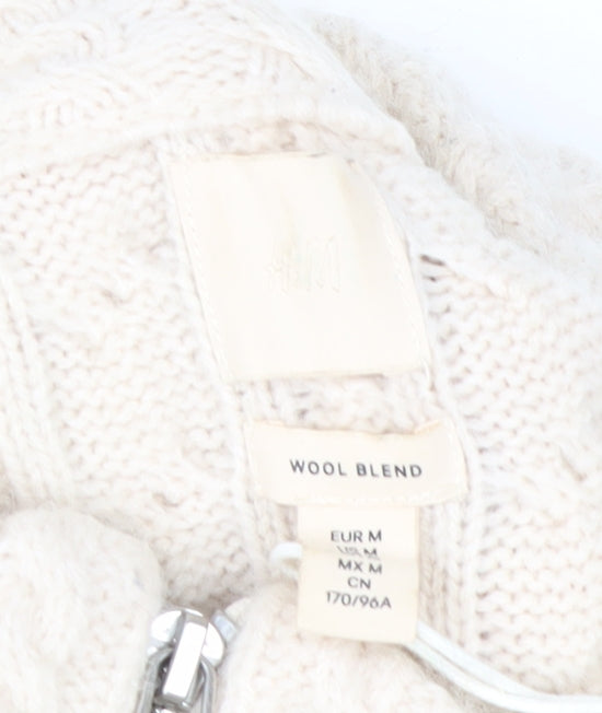 H&M Mens Ivory Wool Blend Cable Knit Half Zip Jumper M