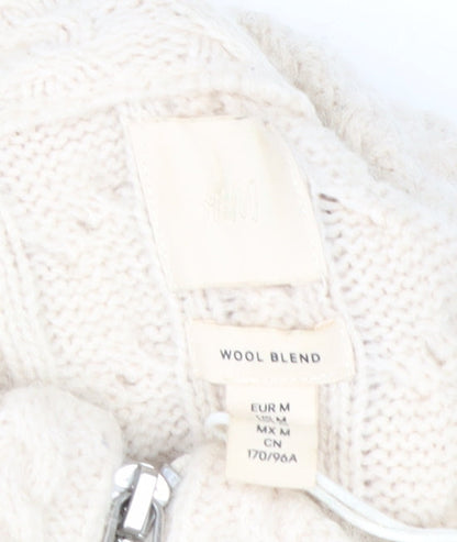 H&M Mens Ivory Wool Blend Cable Knit Half Zip Jumper M