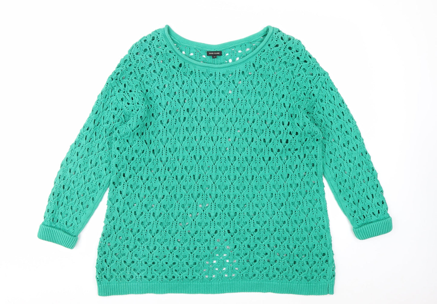 River Island Women Green Crochet Knit Jumper Size 14 Relaxed Fit