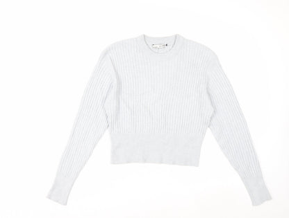 Pull&Bear Women's Grey Ribbed Knit Slim Fit Crew Neck Jumper Size S