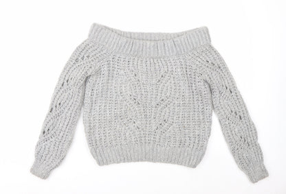 River Island Women's Grey Chunky Knit Boat Neck Jumper UK 8