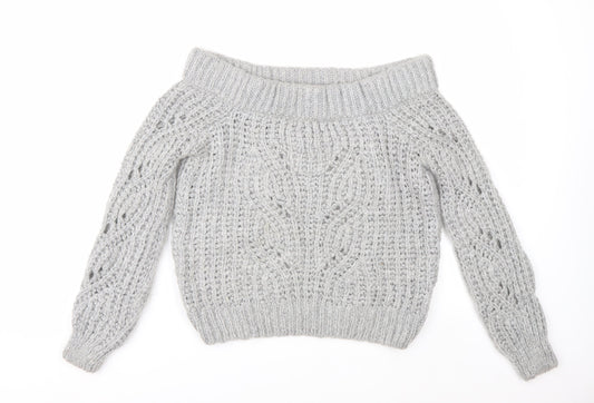 River Island Women's Grey Chunky Knit Boat Neck Jumper UK 8