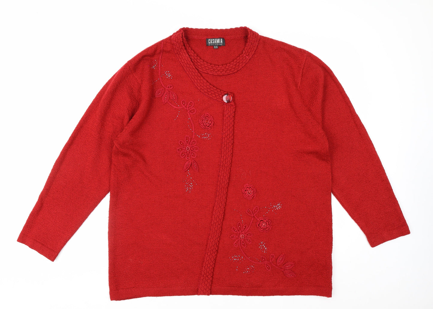 Casamia Women’s Red Floral Beaded Cardigan Plus Size Knitwear