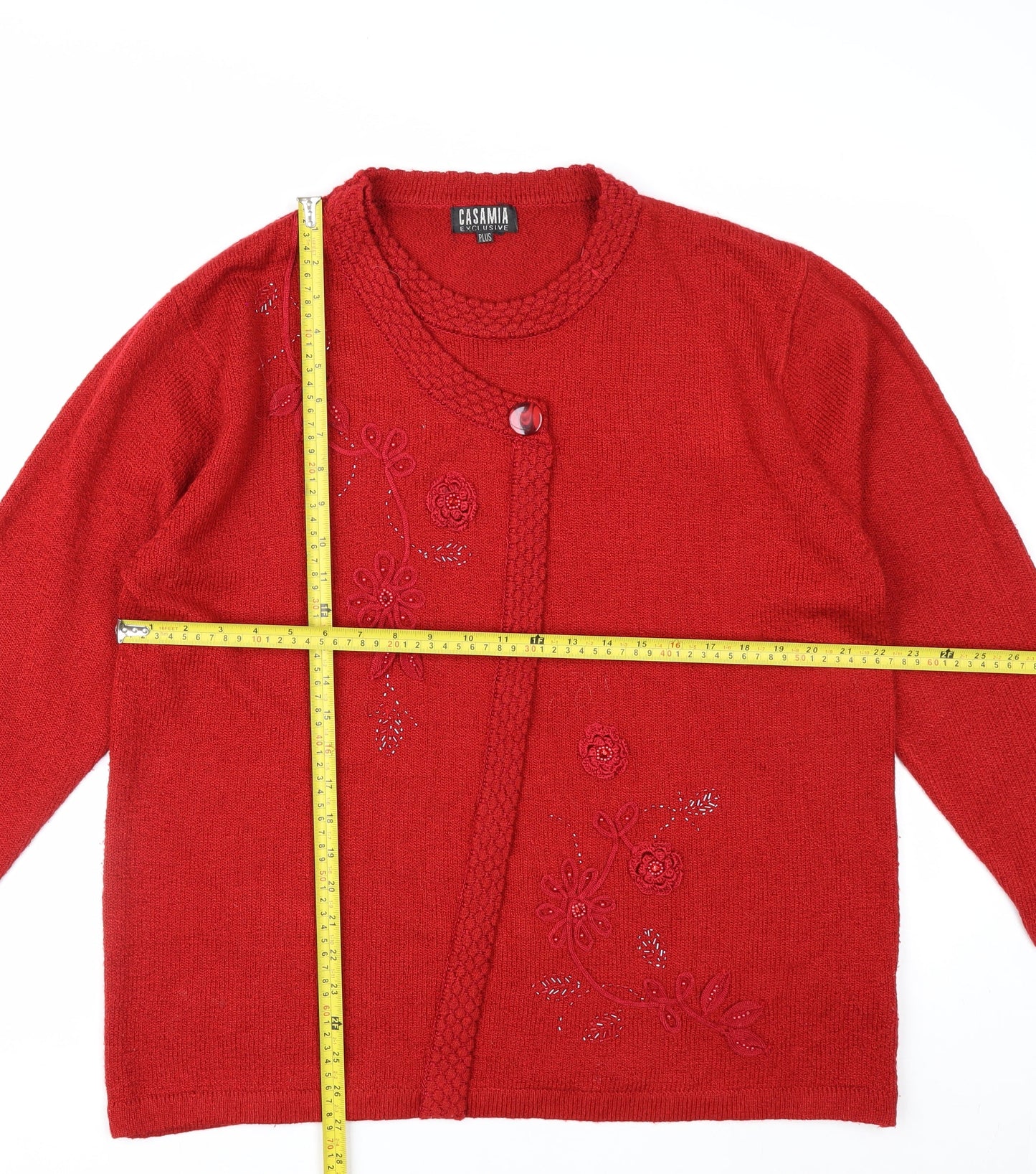 Casamia Women’s Red Floral Beaded Cardigan Plus Size Knitwear