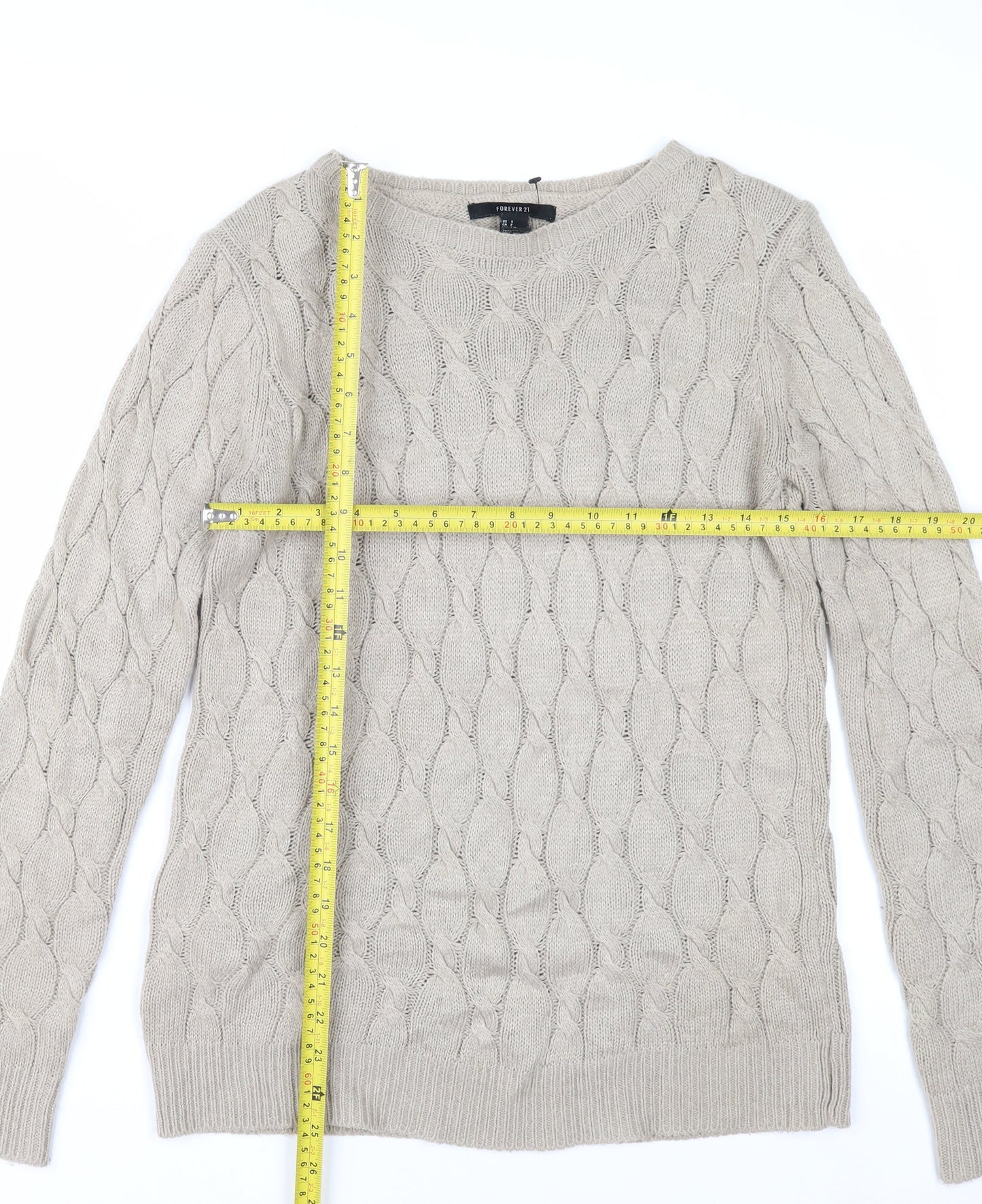 Forever 21 Women’s Beige Cable Knit Jumper Size S Crew Neck Pullover