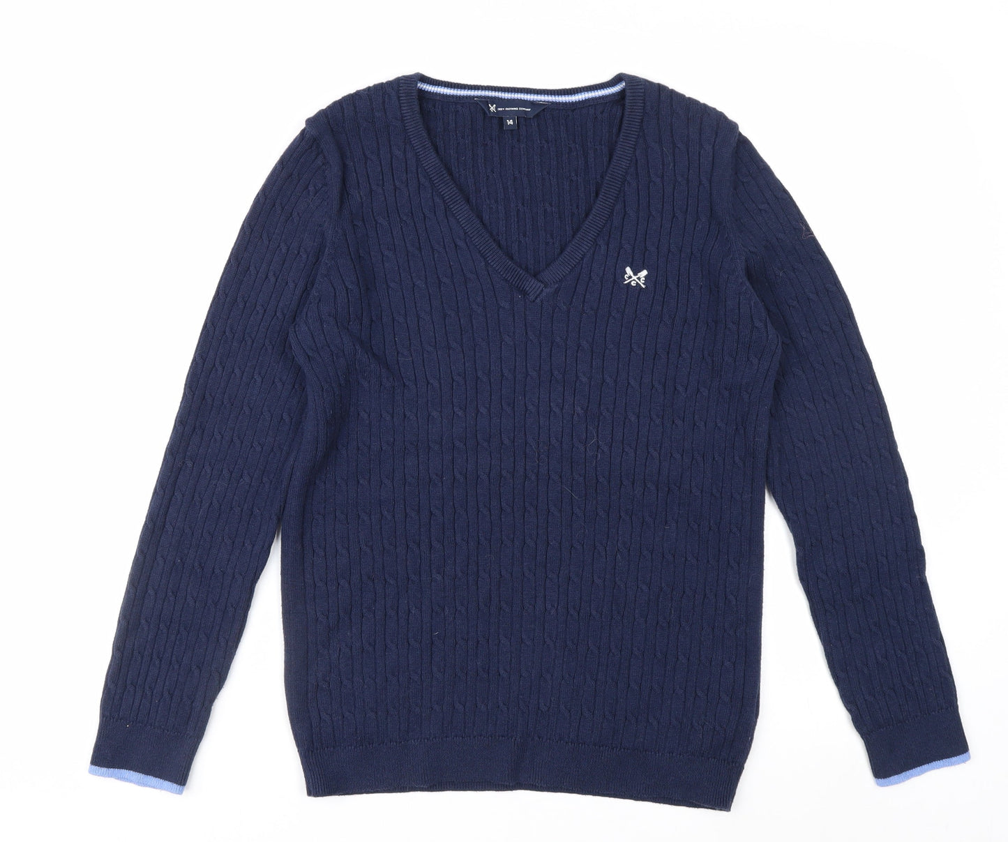 Crew Clothing Company Women Blue Size 14 V-Neck Cable-Knit Jumper