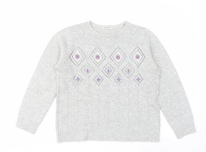 Damart Women Grey Embroidered Open-Knit Pullover Jumper Size 14/16