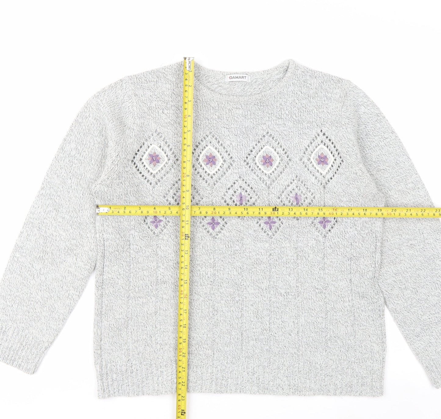 Damart Women Grey Embroidered Open-Knit Pullover Jumper Size 14/16