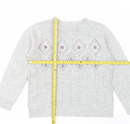 Damart Women Grey Embroidered Open-Knit Pullover Jumper Size 14/16