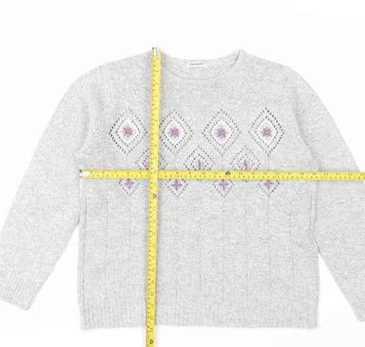 Damart Women Grey Embroidered Open-Knit Pullover Jumper Size 14/16