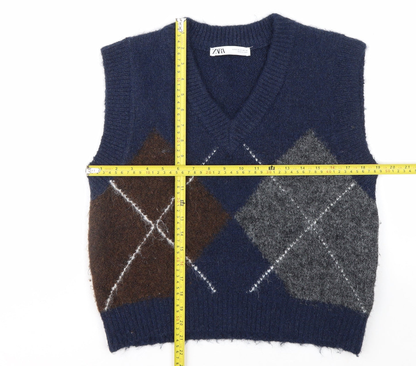 ZARA Women's Blue Argyle V-Neck Sleeveless Knit Vest Jumper Size S