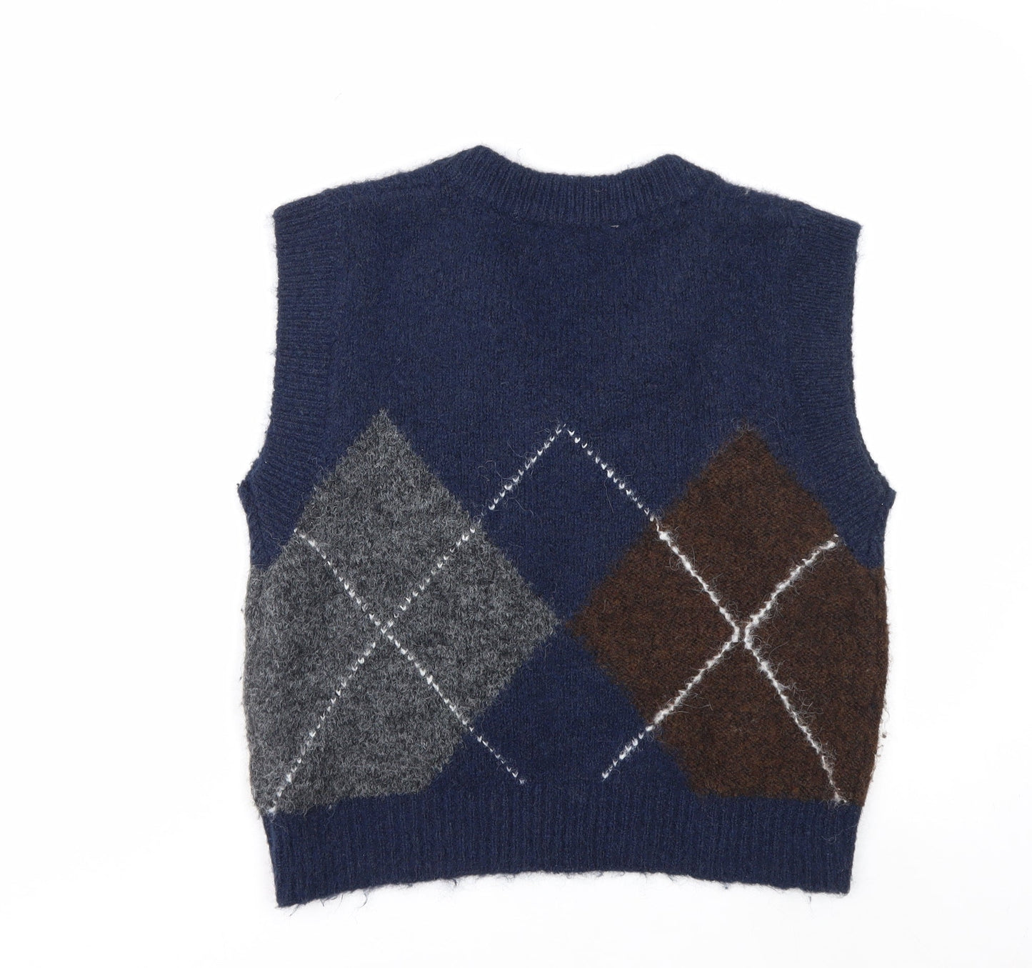 ZARA Women's Blue Argyle V-Neck Sleeveless Knit Vest Jumper Size S
