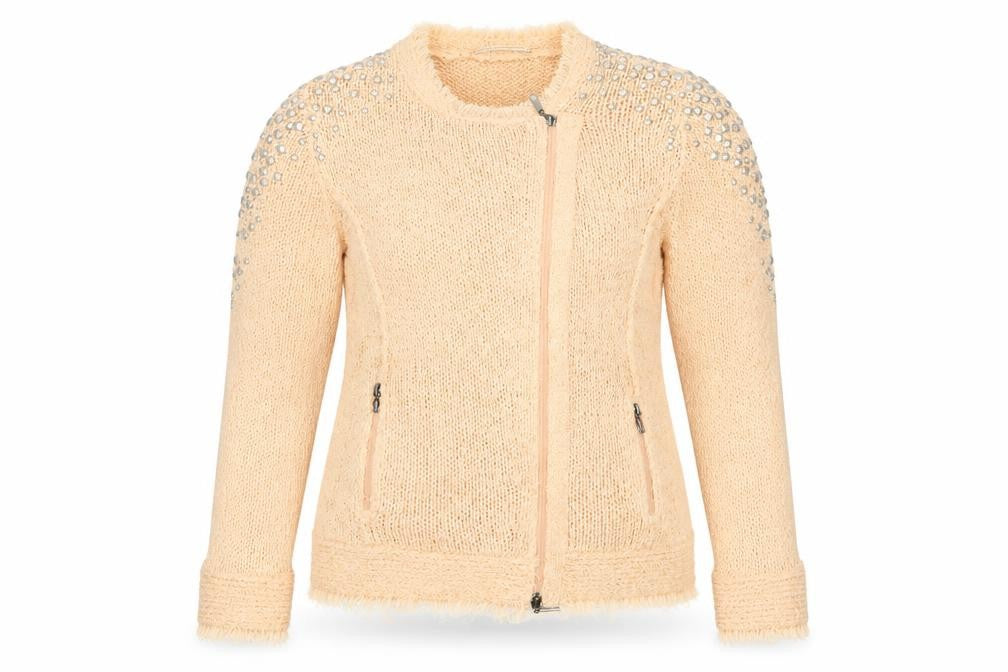 Monari Women’s Beige Beaded Full Zip Knit Jumper Size 14