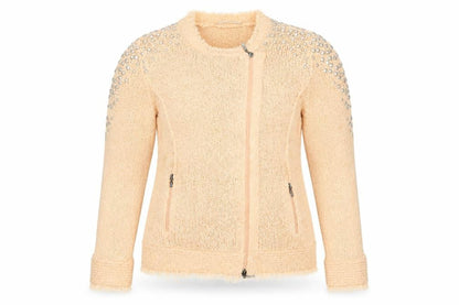 Monari Women’s Beige Beaded Full Zip Knit Jumper Size 14