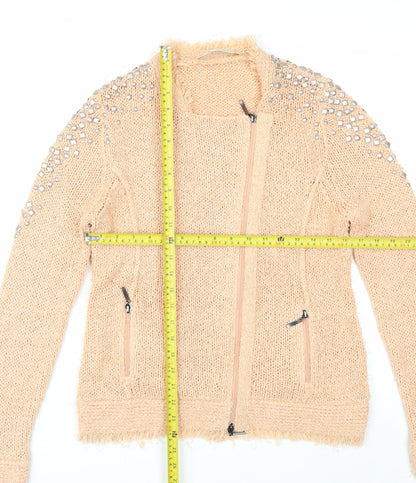 Monari Women’s Beige Beaded Full Zip Knit Jumper Size 14