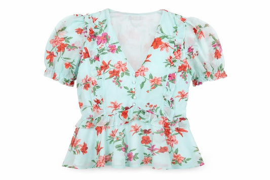 Quiz Women’s Blue Floral Wrap Blouse Size 12 Puff Sleeve