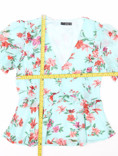 Quiz Women’s Blue Floral Wrap Blouse Size 12 Puff Sleeve