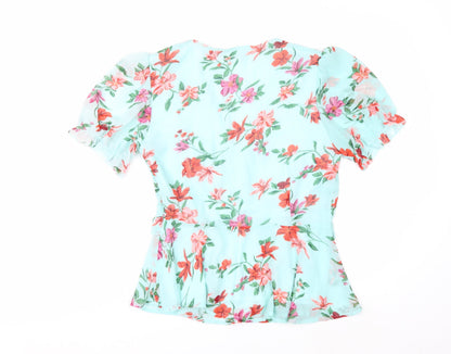 Quiz Women’s Blue Floral Wrap Blouse Size 12 Puff Sleeve