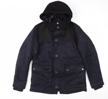 G2000 Men Blue Hooded Wool Trim Winter Parka Jacket Size 36