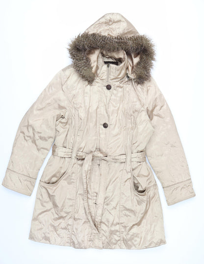 Marks and Spencer Women’s Beige Parka Coat L Fur Trim Hood Belted Long