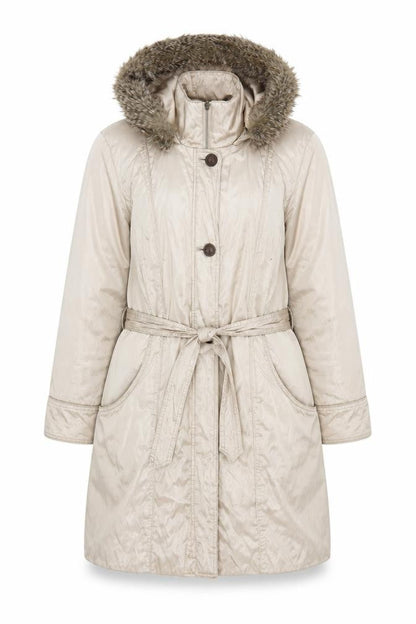 Marks & Spencer Women’s Beige Parka Coat L Fur Trim Hood Belted Long