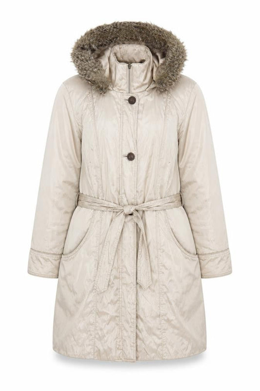 Marks and Spencer Women’s Beige Parka Coat L Fur Trim Hood Belted Long