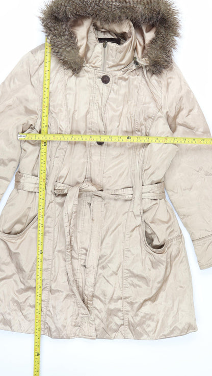 Marks and Spencer Women’s Beige Parka Coat L Fur Trim Hood Belted Long