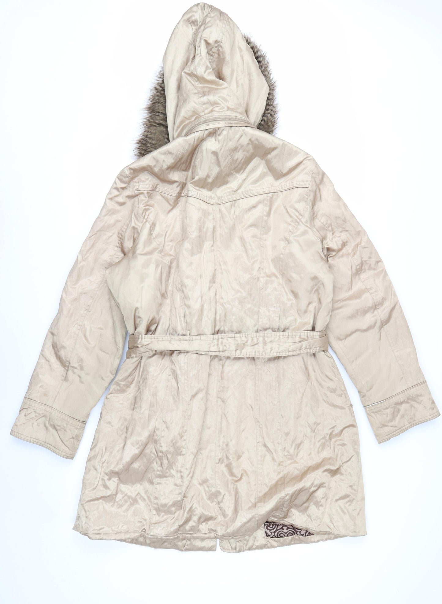 Marks and Spencer Women’s Beige Parka Coat L Fur Trim Hood Belted Long