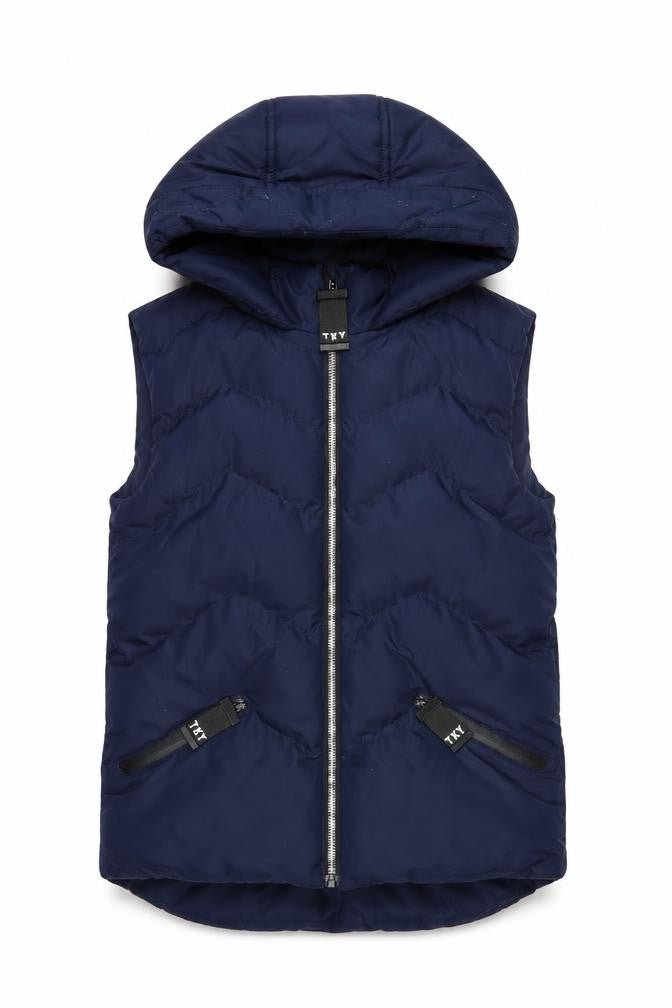Front view of Tokyo Laundry girls’ blue hooded puffer gilet, size 13, years