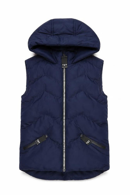 Front view of Tokyo Laundry girls’ blue hooded puffer gilet, size 13, years