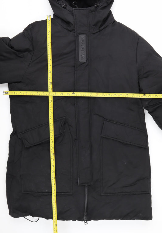 Religion Men’s Black Long Hooded Puffer Coat L Winter Insulated Jacket