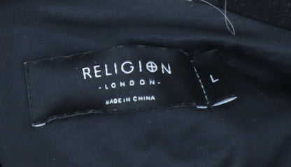 Religion Men’s Black Long Hooded Puffer Coat L Winter Insulated Jacket