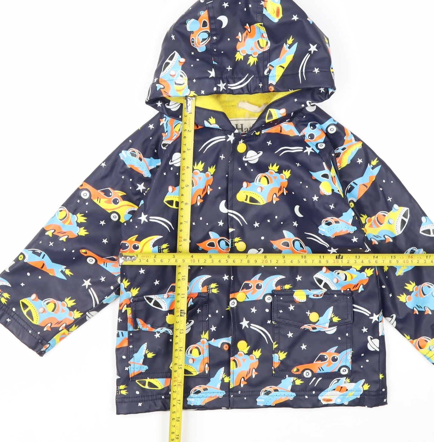 Hatley Boys Blue Space Cars Waterproof Hooded Rain Coat Size 4 Years
