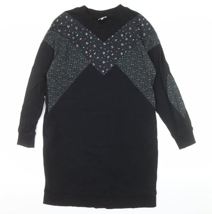 Oliver Bonas Womens Black Floral Panel Long Sleeve Pullover Sweatshirt Dress UK 12