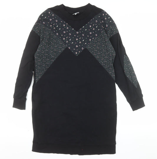 Oliver Bonas Womens Black Floral Panel Long Sleeve Pullover Sweatshirt Dress UK 12