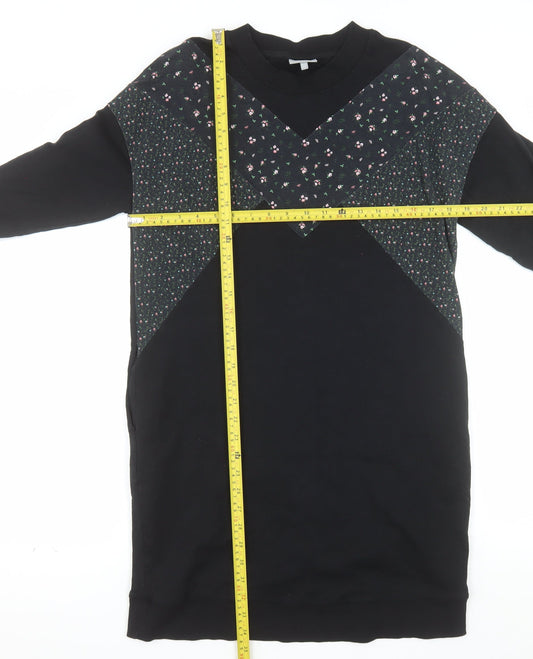 Oliver Bonas Womens Black Floral Panel Long Sleeve Pullover Sweatshirt Dress UK 12