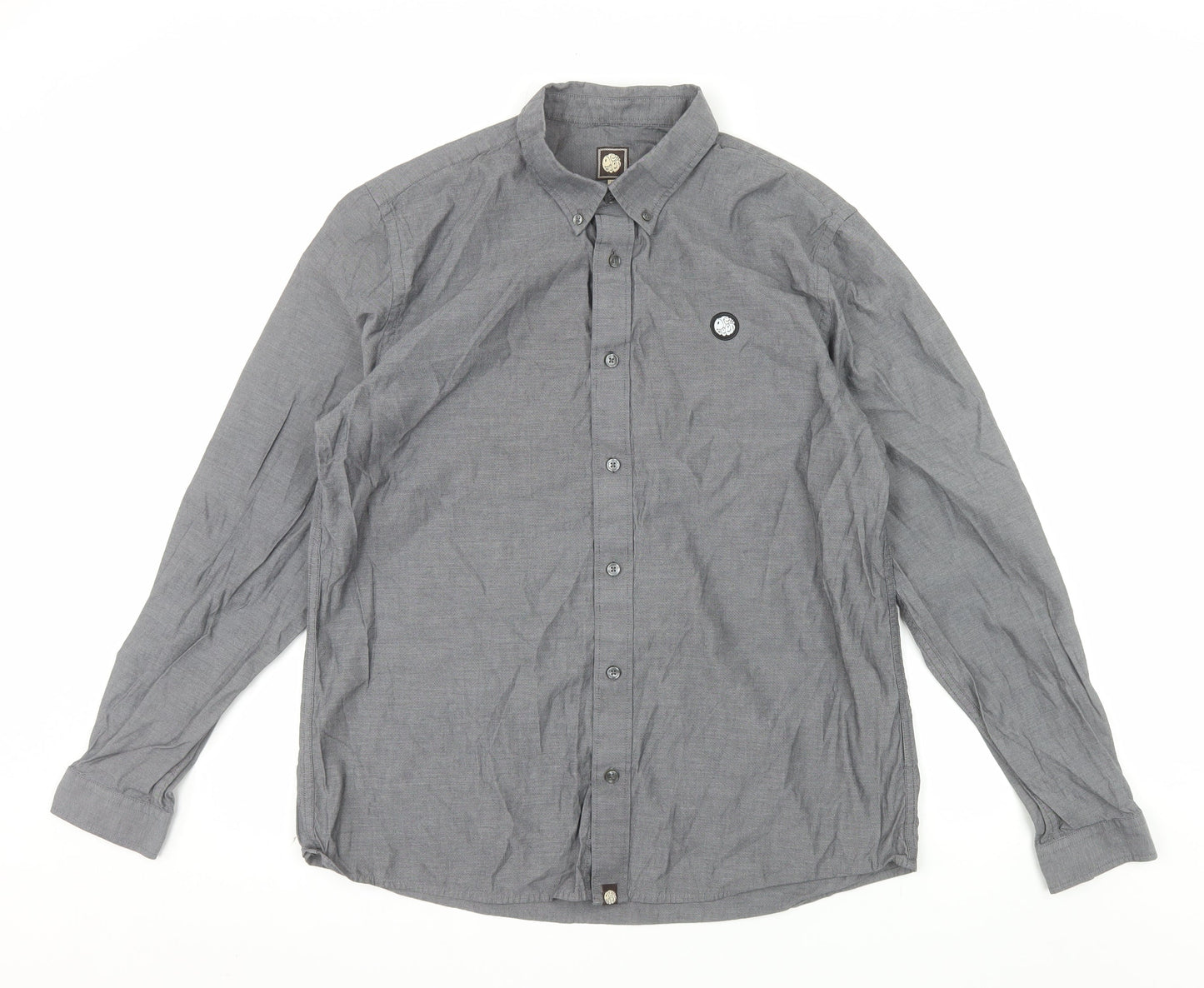 Pretty Green Men's Grey Long Sleeve Button-Down Cotton Shirt L