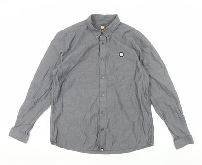 Pretty Green Men's Grey Long Sleeve Button-Down Cotton Shirt L