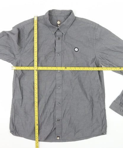 Pretty Green Men's Grey Long Sleeve Button-Down Cotton Shirt L
