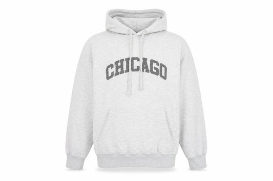 Front view of PRETTYLITTLETHING unisex grey chicago pullover hoodie, size S